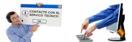 Hombre con cartel de 
				ayuda y ordenador con mano saliendo de la pantalla